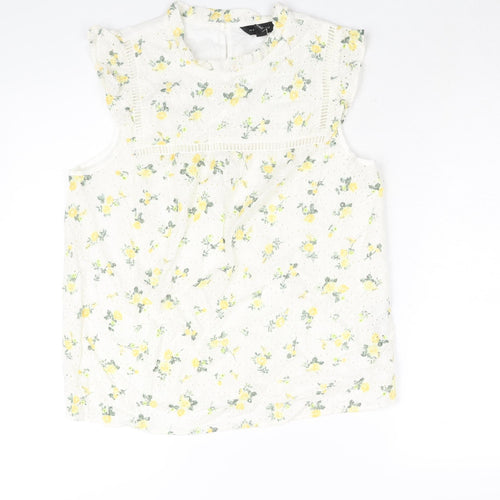 New Look Womens White Cotton Basic Blouse Size 12 Mock Neck - Embroidered Floral Print Frill