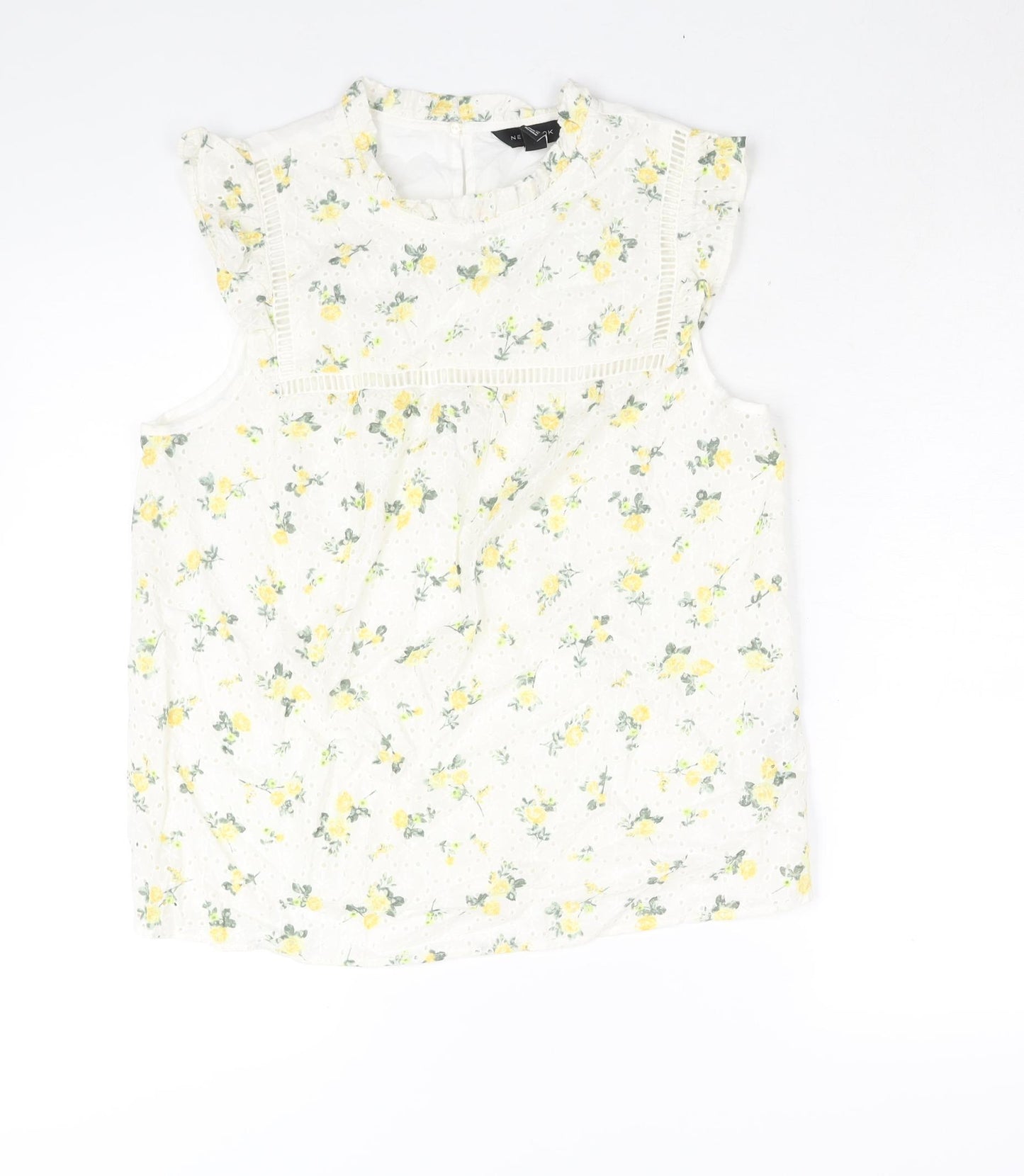 New Look Womens White Cotton Basic Blouse Size 12 Mock Neck - Embroidered Floral Print Frill