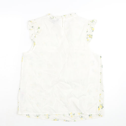 New Look Womens White Cotton Basic Blouse Size 12 Mock Neck - Embroidered Floral Print Frill