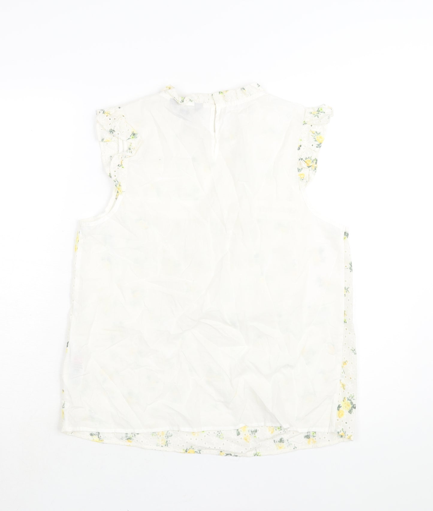 New Look Womens White Cotton Basic Blouse Size 12 Mock Neck - Embroidered Floral Print Frill
