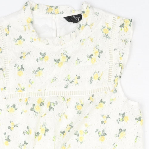 New Look Womens White Cotton Basic Blouse Size 12 Mock Neck - Embroidered Floral Print Frill