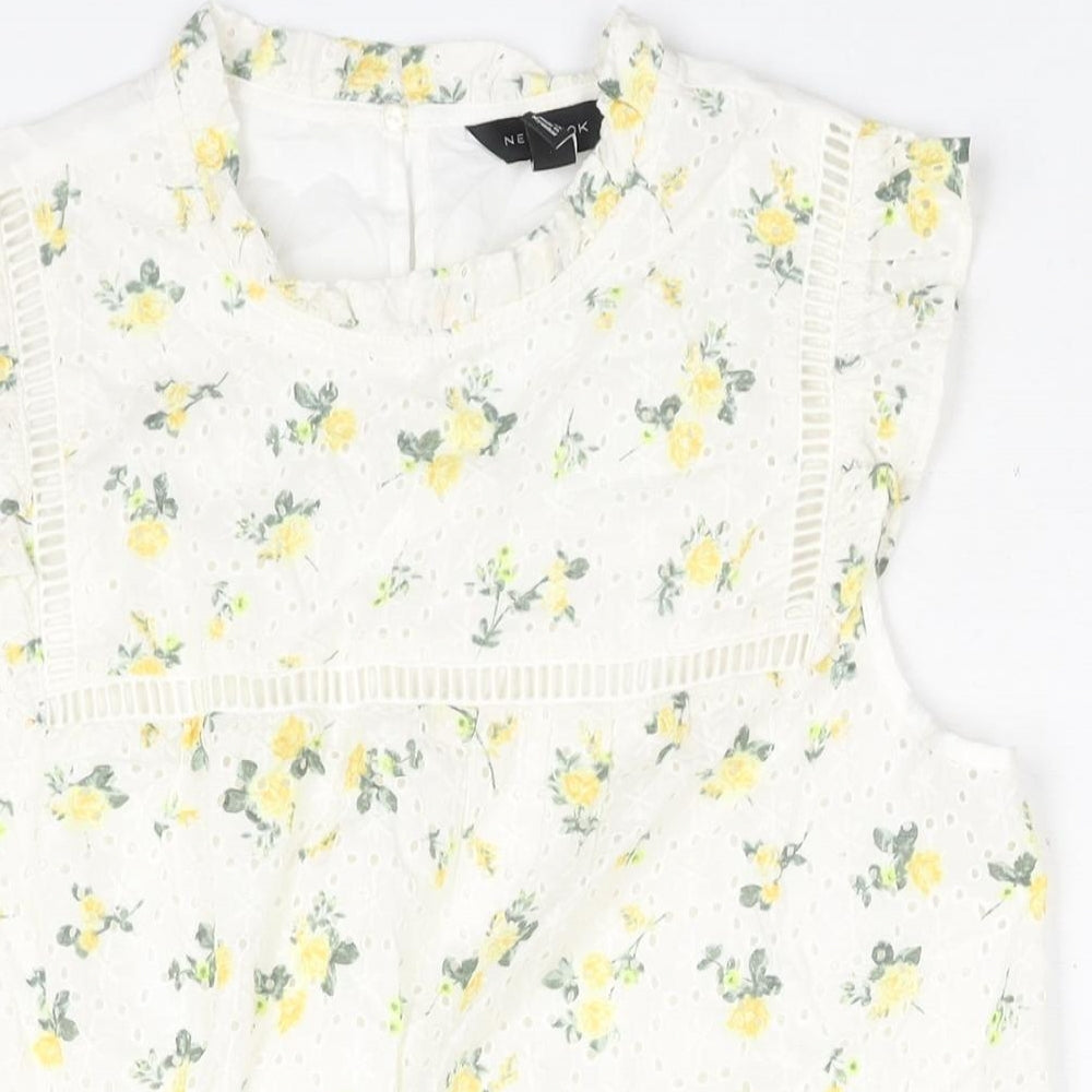 New Look Womens White Cotton Basic Blouse Size 12 Mock Neck - Embroidered Floral Print Frill