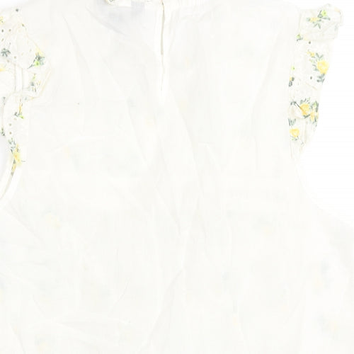 New Look Womens White Cotton Basic Blouse Size 12 Mock Neck - Embroidered Floral Print Frill