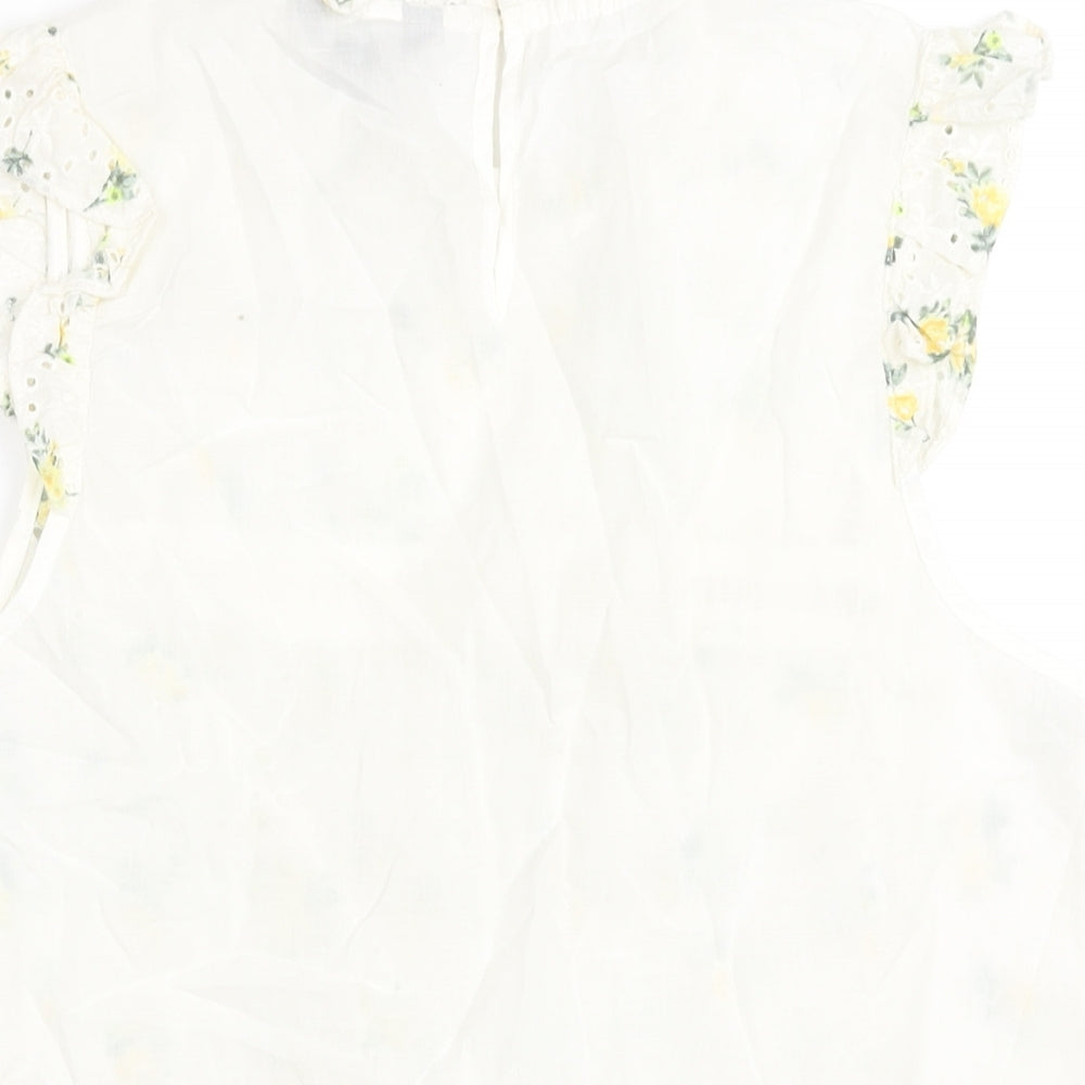 New Look Womens White Cotton Basic Blouse Size 12 Mock Neck - Embroidered Floral Print Frill
