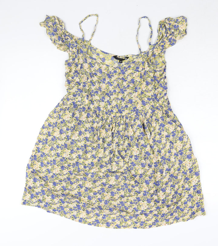 New Look Womens Multicoloured Floral Viscose A-Line Size 10 Scoop Neck Pullover - Cold Shoulder Frill