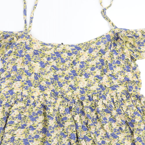 New Look Womens Multicoloured Floral Viscose A-Line Size 10 Scoop Neck Pullover - Cold Shoulder Frill