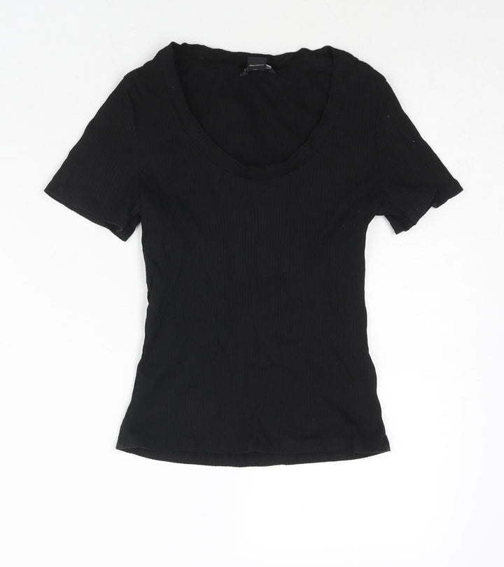 Monki Womens Black Cotton Basic T-Shirt Size S Scoop Neck - Ribbed