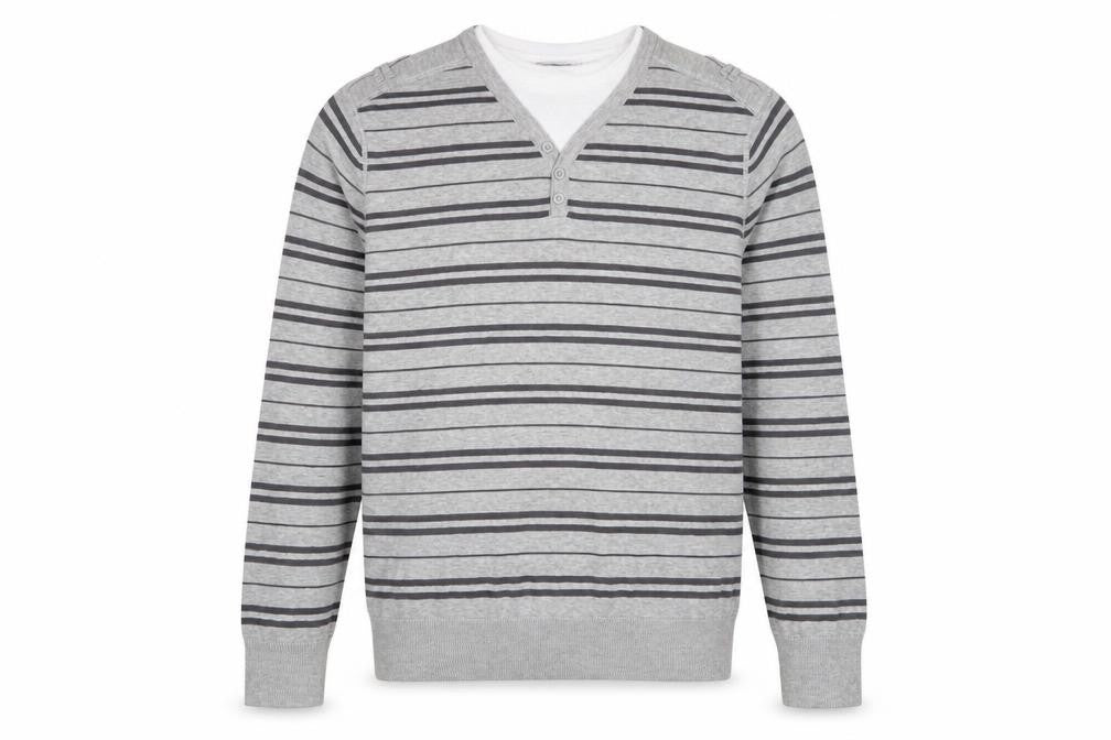 Authentic Quality Mens Grey Crew Neck Striped Cotton Pullover Jumper Size XL Long Sleeve