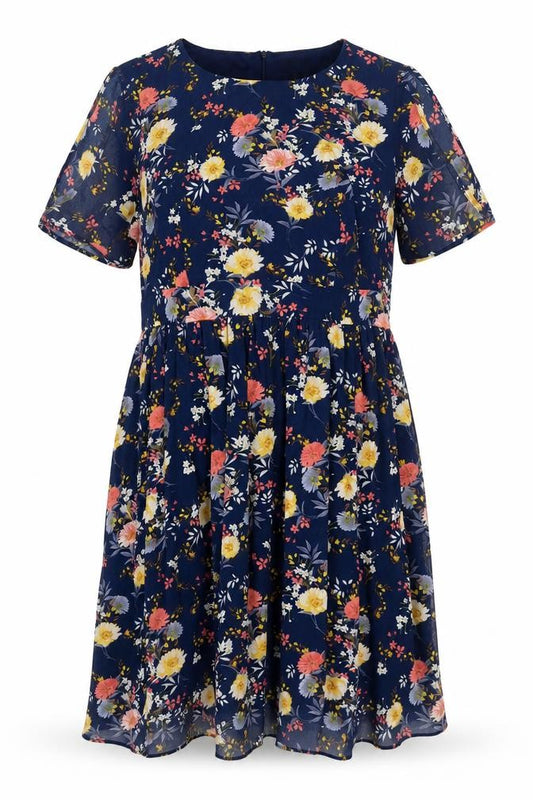 Front view of Lovedrobe women’s blue floral polyester a-line, size UK 18, boat neck zip