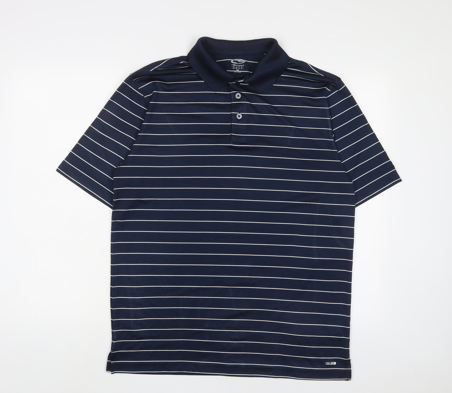 Champion Mens Blue Striped Polyester Basic Polo Size M Collared Button - Golf