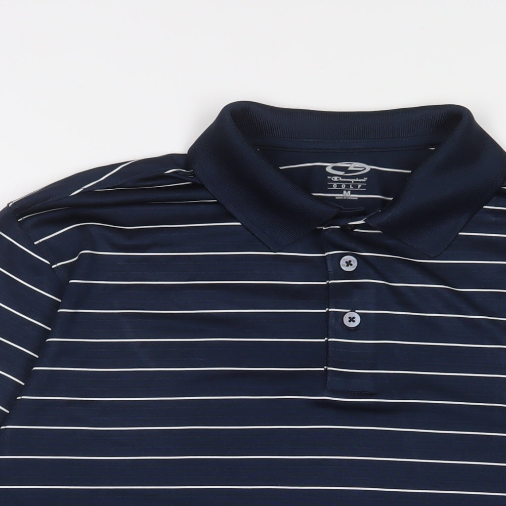 Champion Mens Blue Striped Polyester Basic Polo Size M Collared Button - Golf