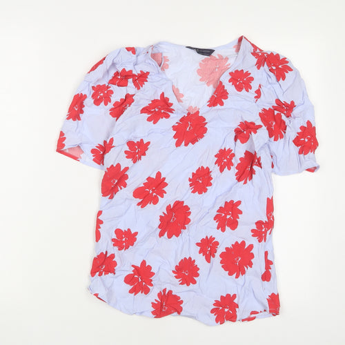 Marks and Spencer Womens Blue Floral Viscose Basic T-Shirt Size 6 Crew Neck
