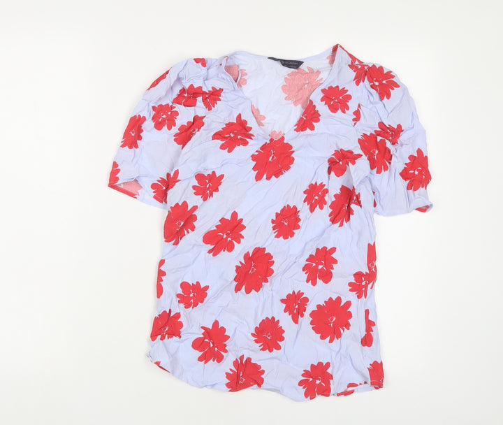 Marks and Spencer Womens Blue Floral Viscose Basic T-Shirt Size 6 Crew Neck