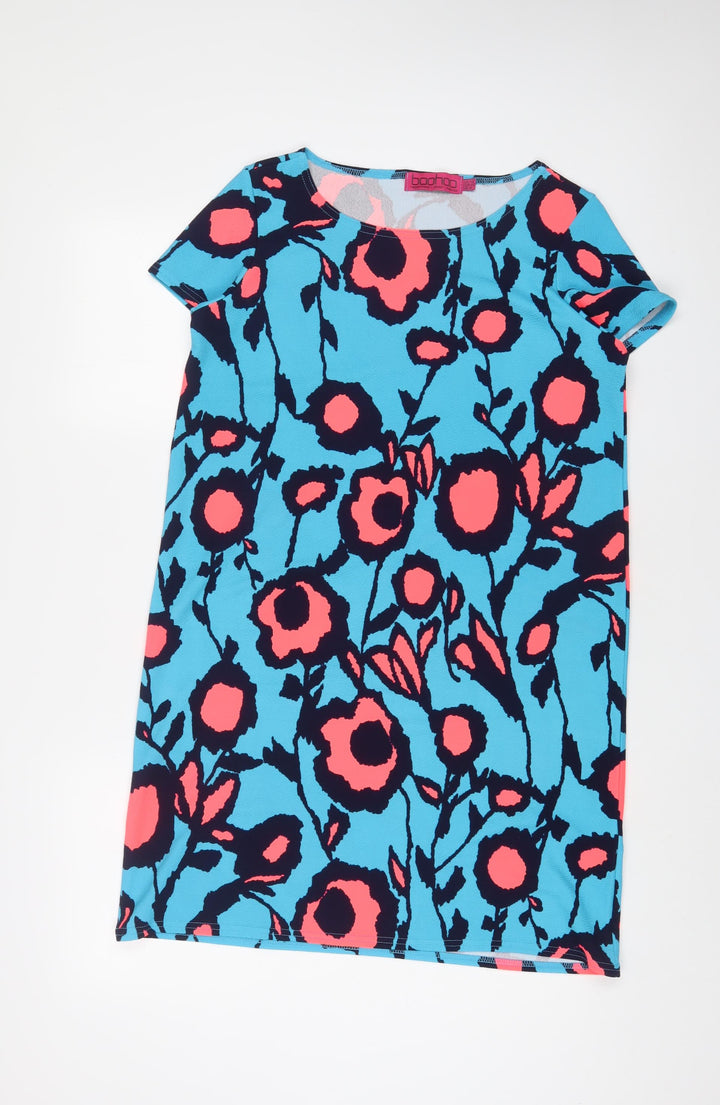 Boohoo Womens Blue Floral Polyester A-Line Size 12 Boat Neck Pullover