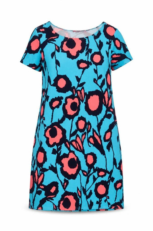 Front view of Boohoo women’s blue floral polyester a-line, size UK 12, boat neck pullover