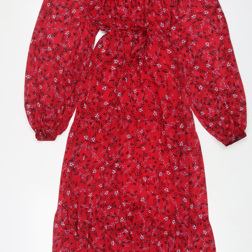Omnes Womens Red Floral Polyester A-Line Size 12 V-Neck Pullover - Belted