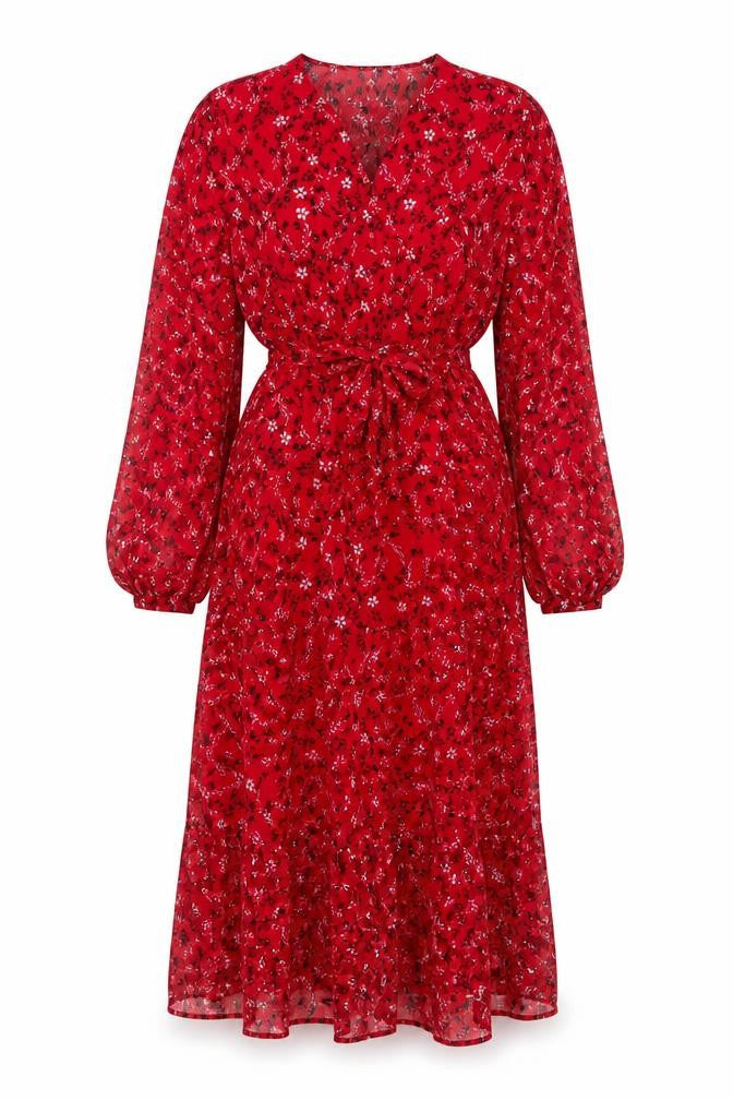 Front view of Omnes women’s red floral polyester a-line, size UK 12, v-neck pullover - belted