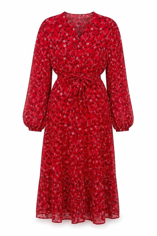 Front view of Omnes women’s red floral polyester a-line, size UK 12, v-neck pullover - belted