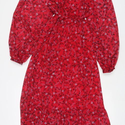 Omnes Womens Red Floral Polyester A-Line Size 12 V-Neck Pullover - Belted