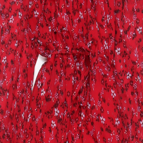 Omnes Womens Red Floral Polyester A-Line Size 12 V-Neck Pullover - Belted