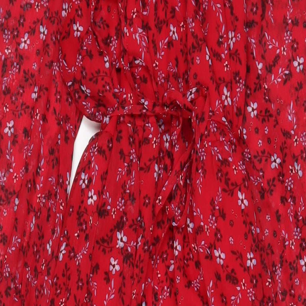 Omnes Womens Red Floral Polyester A-Line Size 12 V-Neck Pullover - Belted