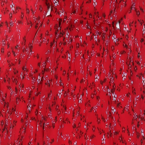 Omnes Womens Red Floral Polyester A-Line Size 12 V-Neck Pullover - Belted