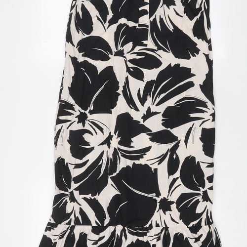 Marks and Spencer Womens Black Floral Cotton A-Line Size 8 Crew Neck Button