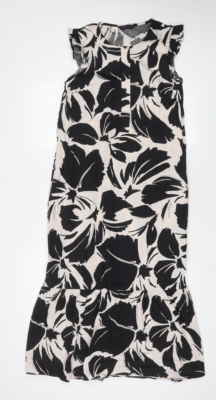 Marks and Spencer Womens Black Floral Cotton A-Line Size 8 Crew Neck Button