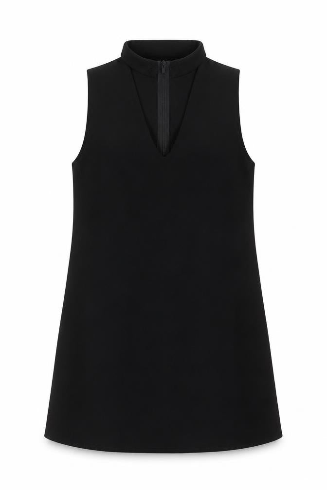 Front view of PRETTYLITTLETHING women’s black polyester a-line, size UK 4, halter zip
