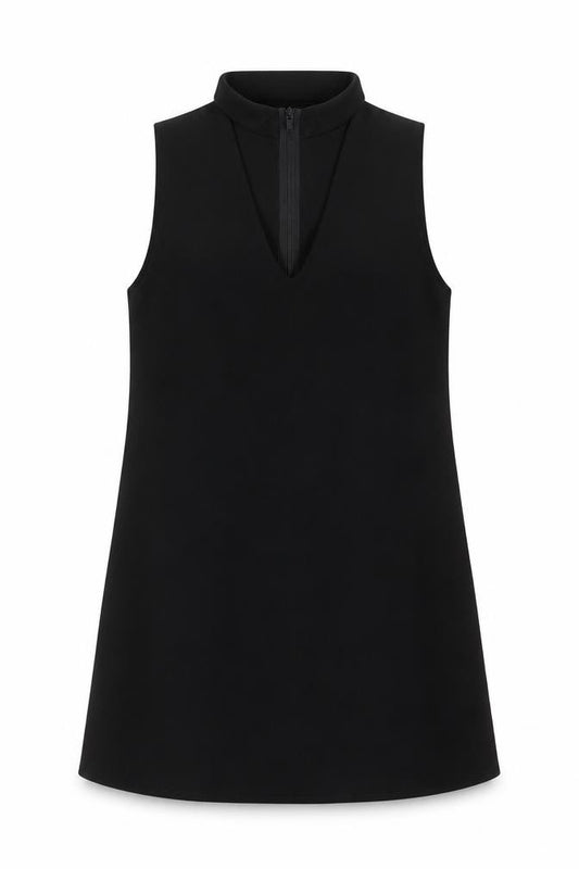 Front view of PRETTYLITTLETHING women’s black polyester a-line, size UK 4, halter zip