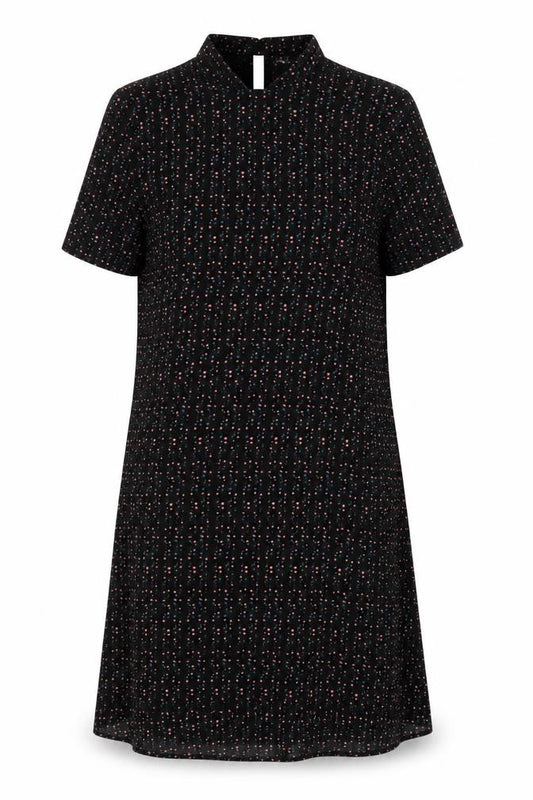 Front view of JDY women’s black geometric polyester a-line, size UK 12, round neck button