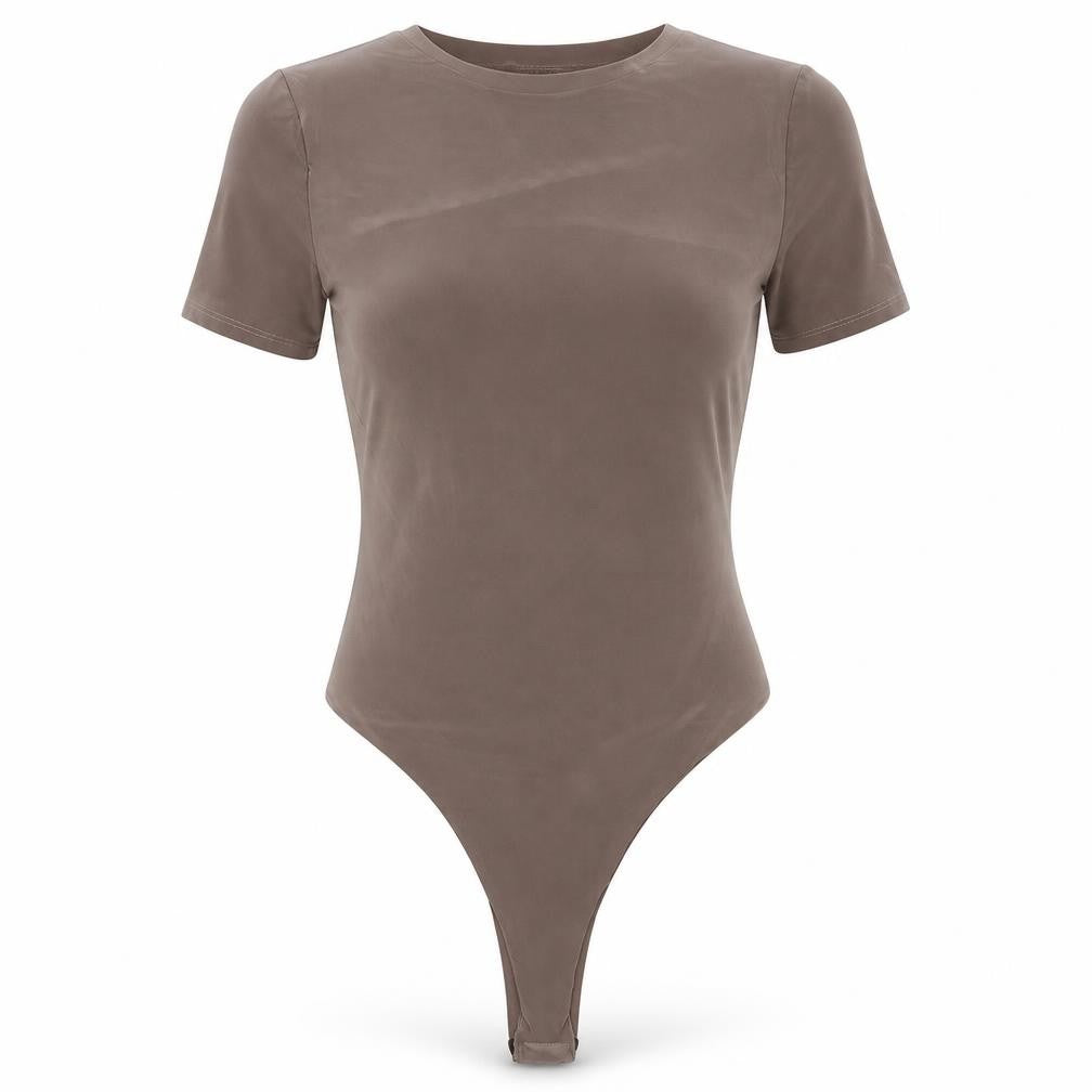 Front view of Boohoo women’s beige polyester bodysuit one-piece, size UK 12, snap