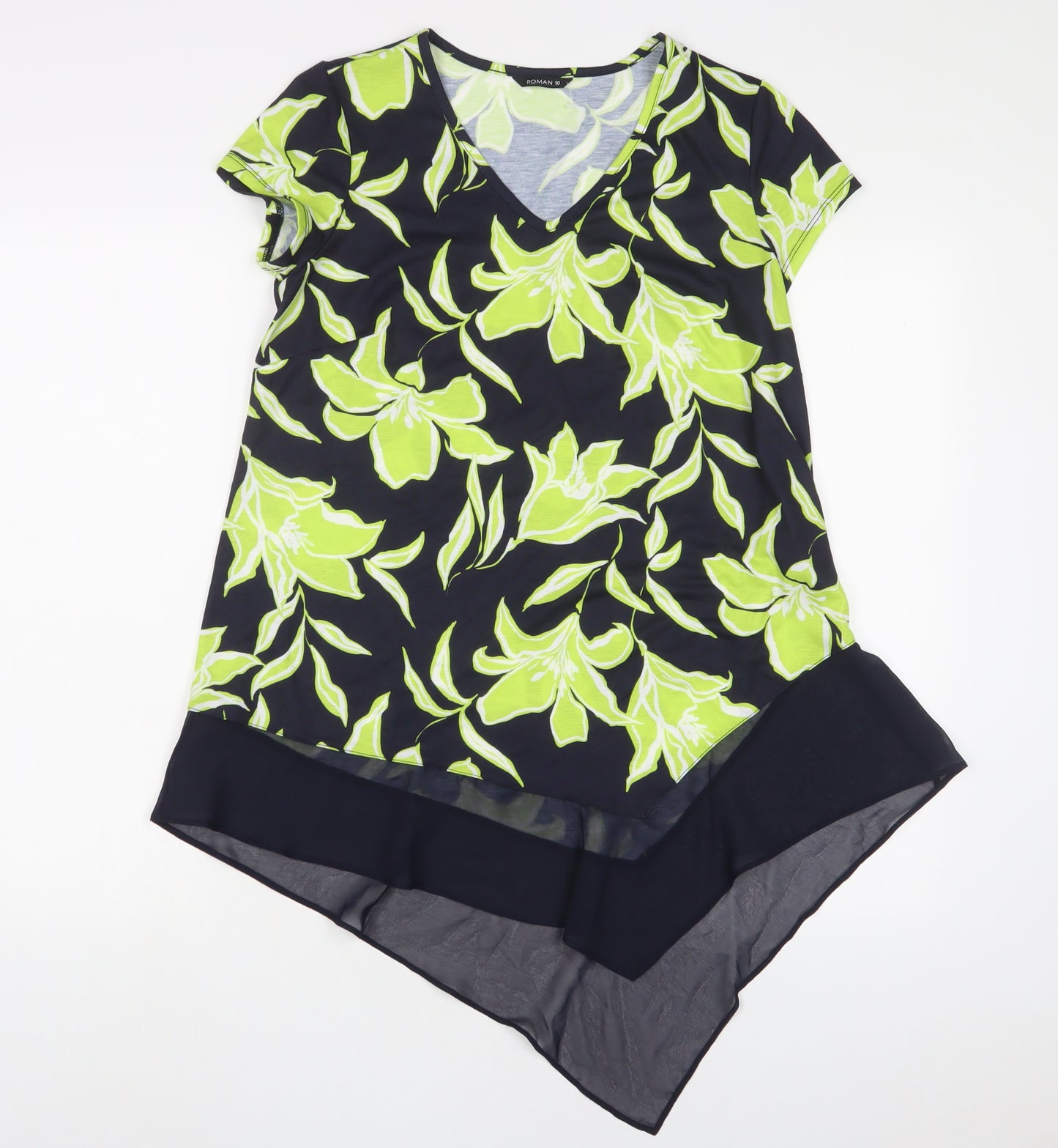 Roman Womens Green Floral Polyester Tunic T-Shirt Size 10 V-Neck