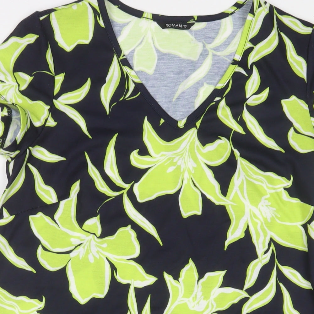 Roman Womens Green Floral Polyester Tunic T-Shirt Size 10 V-Neck