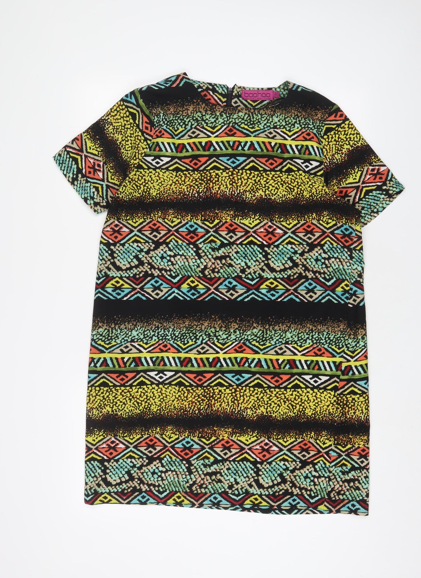 Boohoo Womens Multicoloured Geometric Polyester Sheath Size 12 Boat Neck Zip