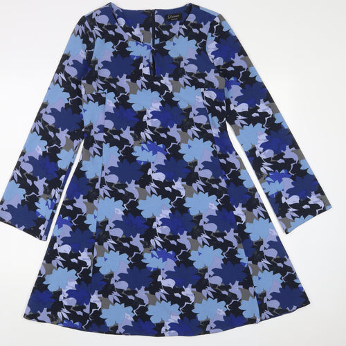 Yessica Womens Blue Geometric Polyester A-Line Size 10 Scoop Neck Button