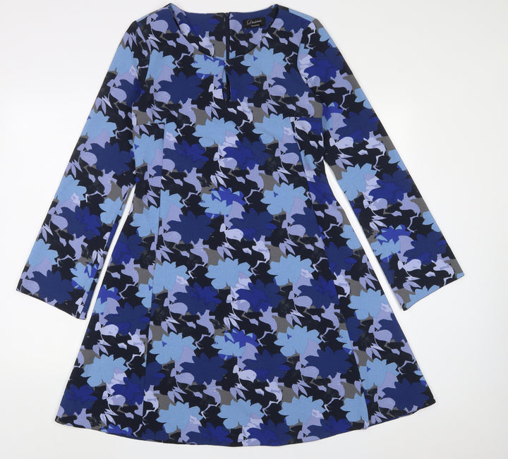 Yessica Womens Blue Geometric Polyester A-Line Size 10 Scoop Neck Button