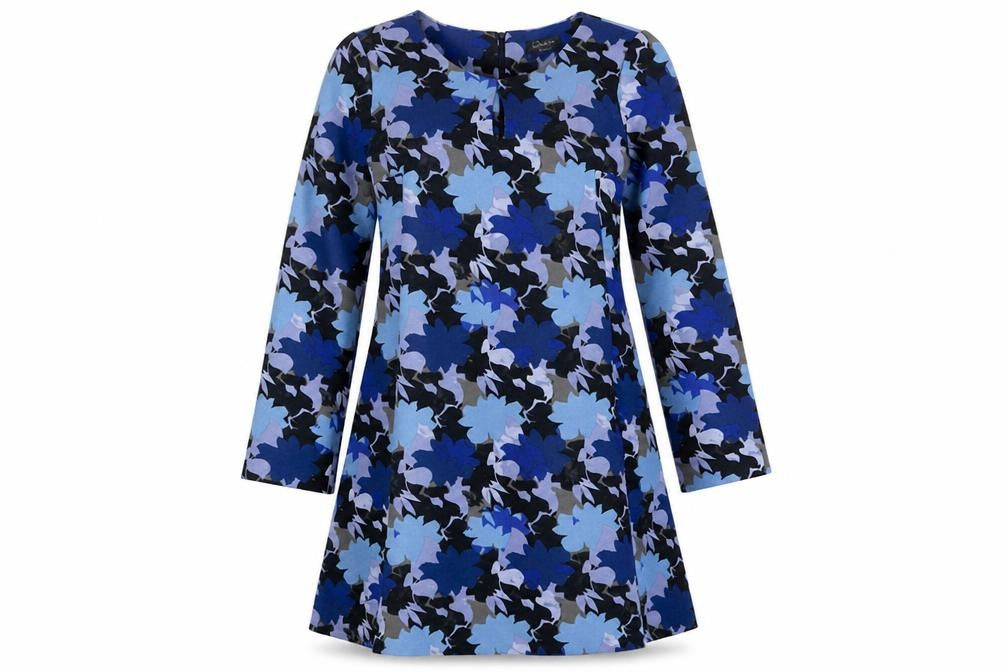 Front view of Yessica women’s blue geometric polyester a-line, size UK 10, scoop neck button