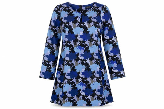 Front view of Yessica women’s blue geometric polyester a-line, size UK 10, scoop neck button