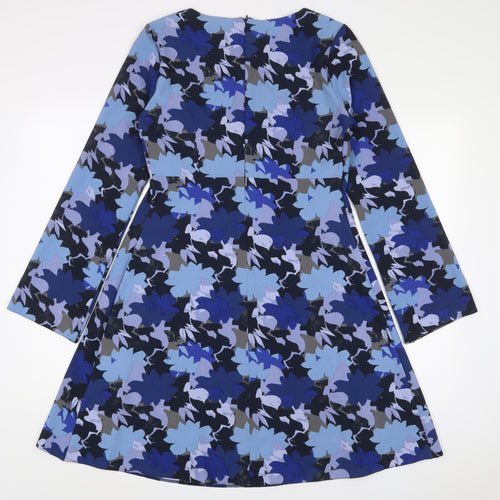 Yessica Womens Blue Geometric Polyester A-Line Size 10 Scoop Neck Button