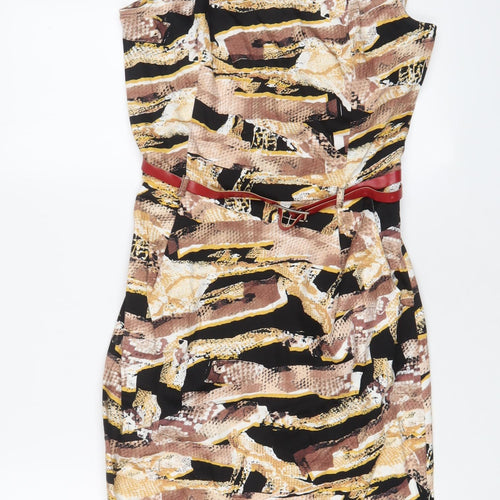 Izabel London Womens Multicoloured Geometric Polyester Sheath Size 8 Boat Neck Pullover - Belted