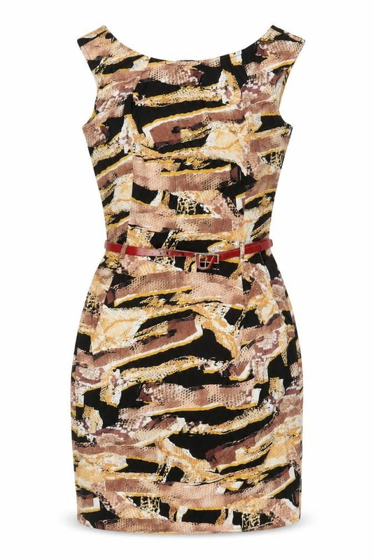 Front view of Izabel London women’s multicoloured geometric polyester sheath, size UK 8, boat neck pullover - belted