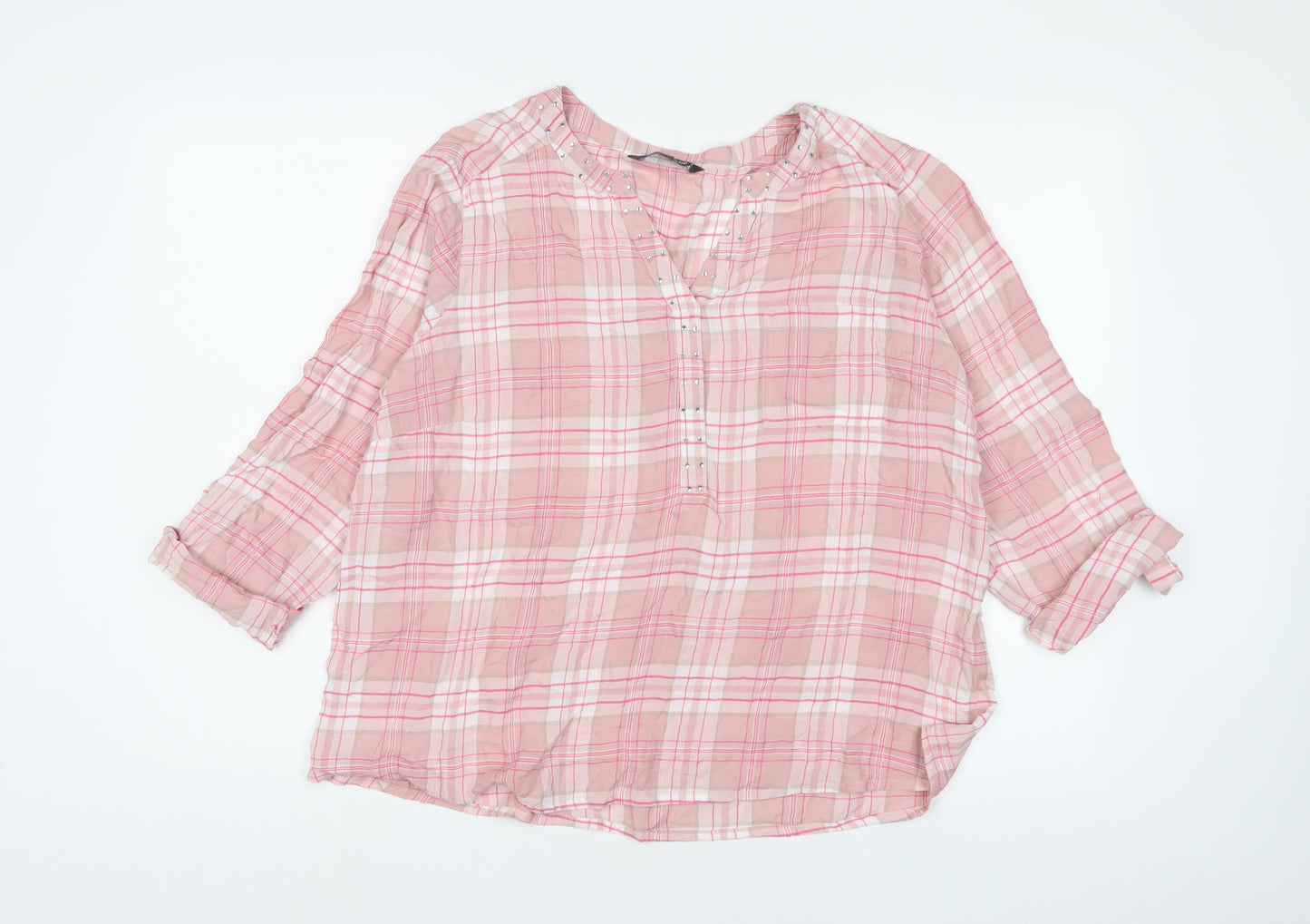 Bonmarché Womens Pink Plaid Viscose Basic T-Shirt Size 16 V-Neck
