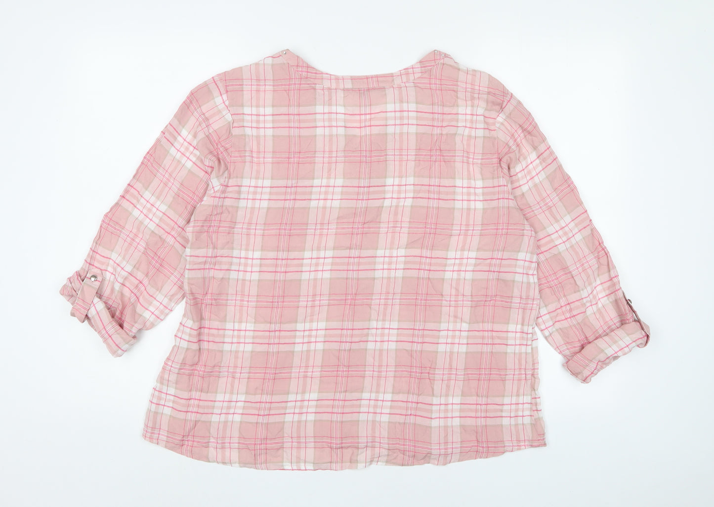 Bonmarché Womens Pink Plaid Viscose Basic T-Shirt Size 16 V-Neck