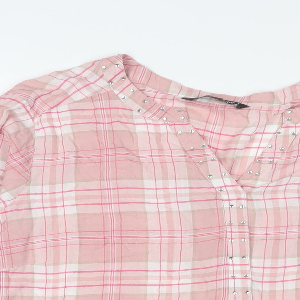 Bonmarché Womens Pink Plaid Viscose Basic T-Shirt Size 16 V-Neck