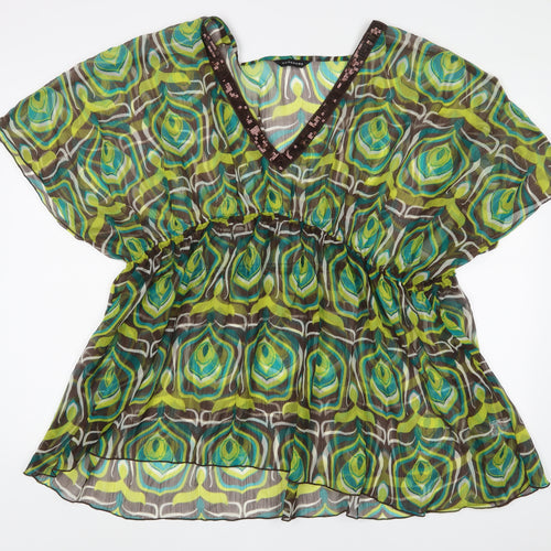 Wardrobe Womens Green Geometric Polyester Basic Blouse Size 26 V-Neck