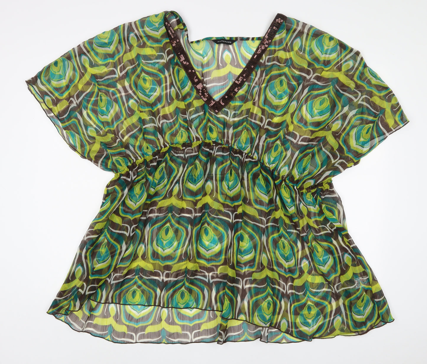 Wardrobe Womens Green Geometric Polyester Basic Blouse Size 26 V-Neck