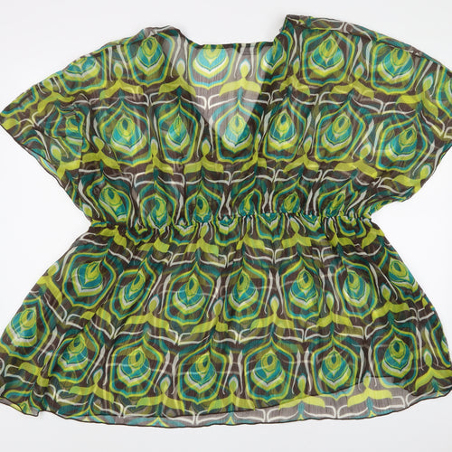 Wardrobe Womens Green Geometric Polyester Basic Blouse Size 26 V-Neck