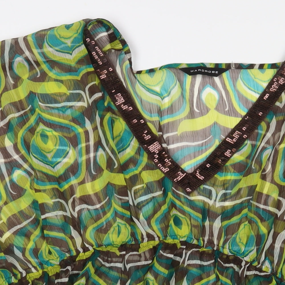 Wardrobe Womens Green Geometric Polyester Basic Blouse Size 26 V-Neck