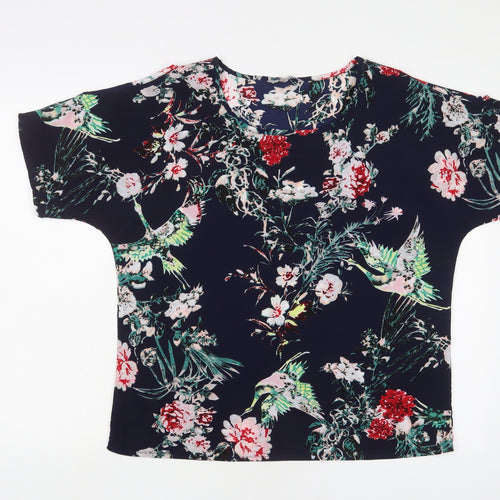 Pebble Bay Womens Blue Floral Polyester Basic T-Shirt Size M Crew Neck - Cold Shoulder